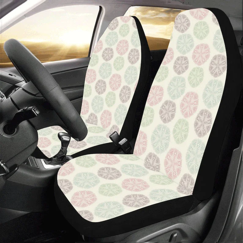 

Mandala Cream Car Seat Covers 2 pc Floral Pastel Spiritual Front Seat Covers for Vehicle, Boho Car SUV Truck Protector