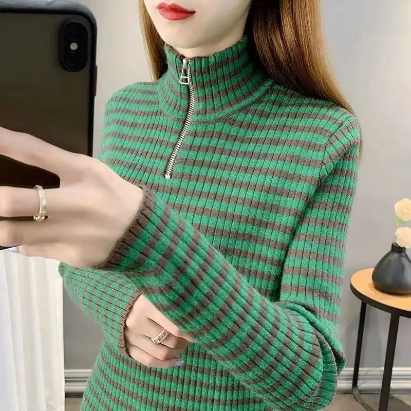 

Autumn Winter Bottoms Women New Long Sleeve Striped Sweater Womens High Neck Slim Fit With Color Matching Semi High Neck Sweater