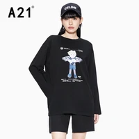 a21 black women long sleeve t shirts for spring female loose angel cartoon print clothing cute cotton top tees 2022