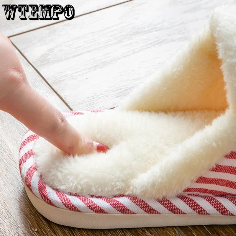 WTEMPO Striped Cotton Slippers Autumn Winter Warm Non-slip Plush Slides Indoor Soft Silent Cotton Shoes for Couples Wholesale