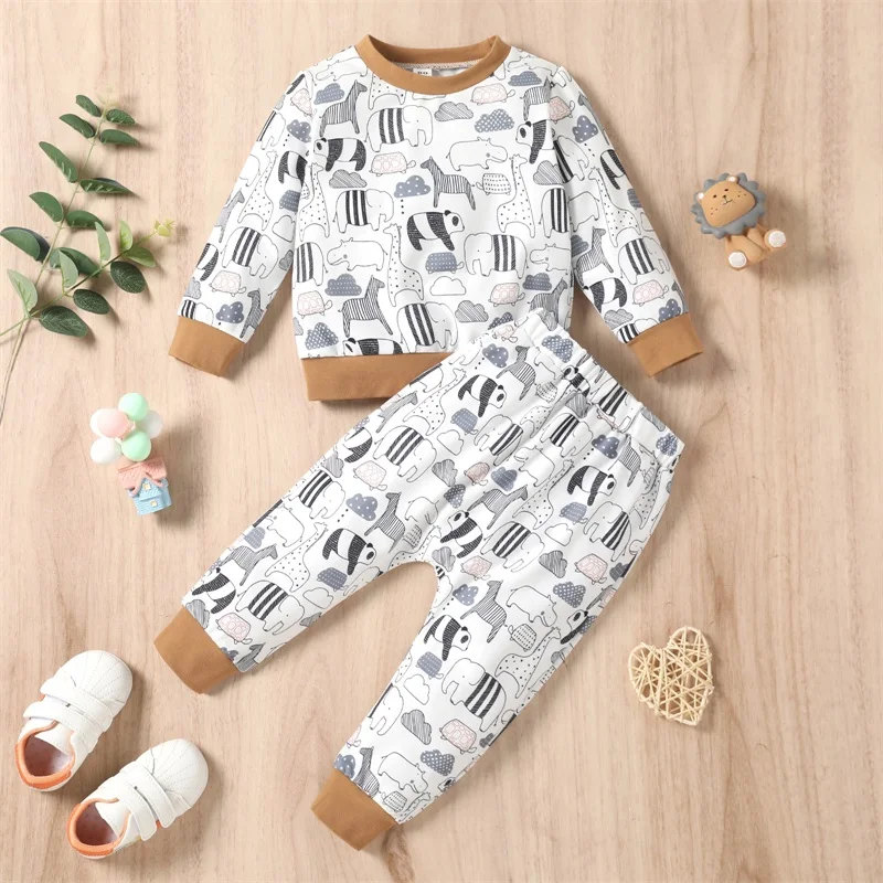 

Newborn Baby Toddler Boy Girl Cute Fall Clothes Cartoon Print Long Sleeve Tops and Pants Set Unisex Infant Outfits