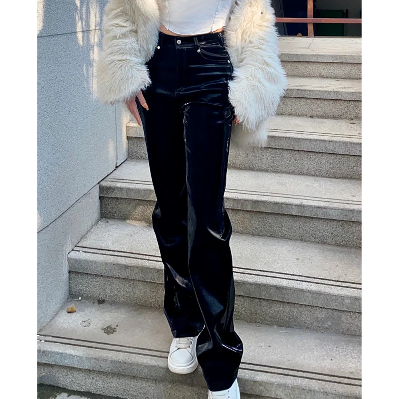 Faux Leather Pants Women Straight-leg High-waisted Pants Korean Fashion Clothes Pantalones Mujer 2022