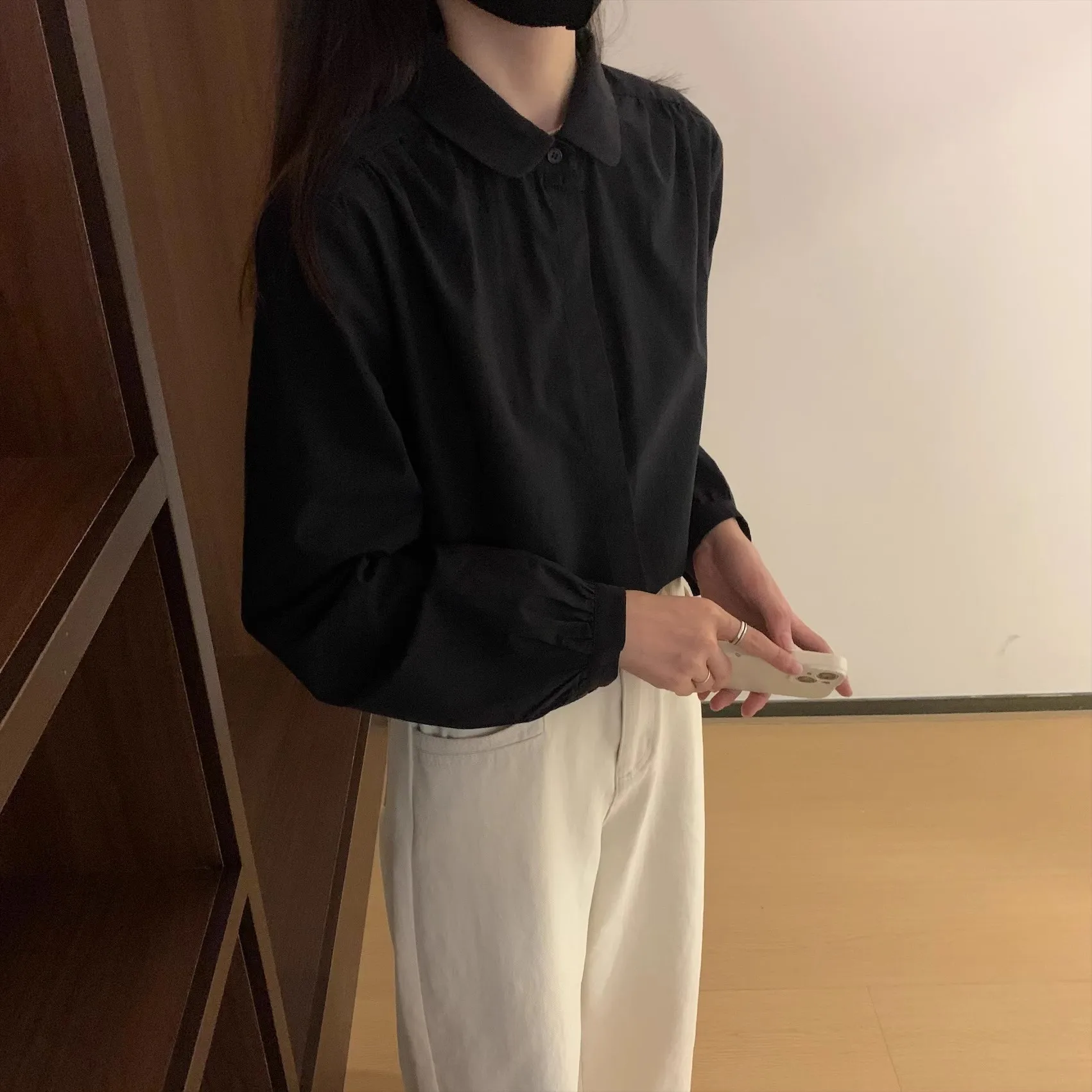 Корейские Sle 2024 осенние новые черные хлопковые рубашки с маленьким лепестком и