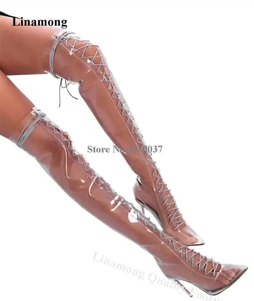 Linamong Sexy Transparent PVC Thin Heel Over Knee Boots Pointed Toe Lace-up Stiletto Heel Long Boots Party Heels