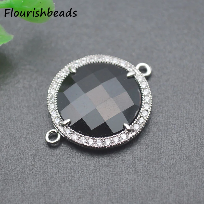 Diy Bracelet Findings Nickel Free Anti Fading  Gold Plated Shiny Black White CZ Pave Big Size Round Connector Charms 10pcs