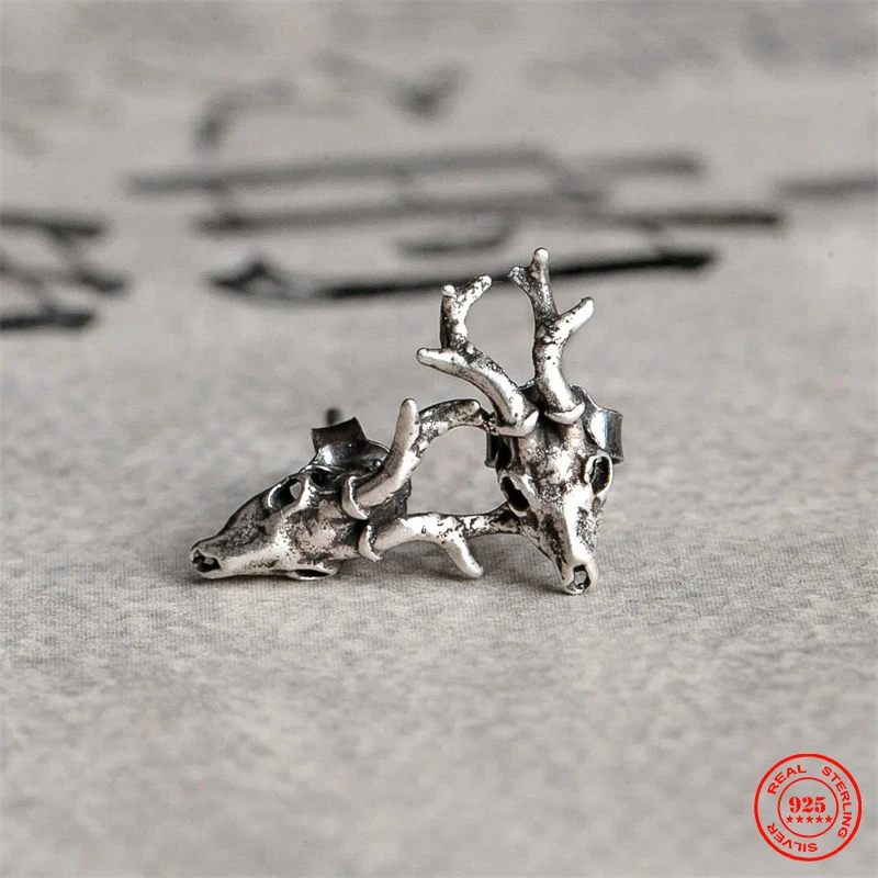 

MKENDN 100% 925 Sterling Silver Creative Retro Deer Head Skull Stud Earring Punk Street Style Ear Pin for Men Women Fine Jewelry