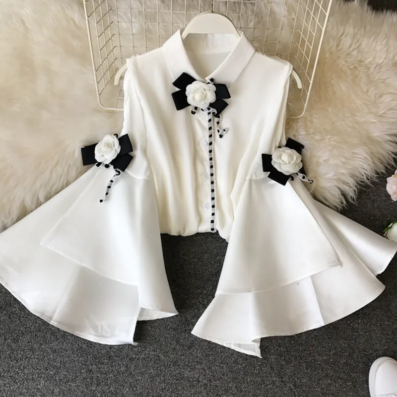 2022 Summer New Elegant Lapel Big Flare Long Sleeve Slim Chiffon Shirt Fashion 3D Flower Deco Blouse Button Up Shirt Women