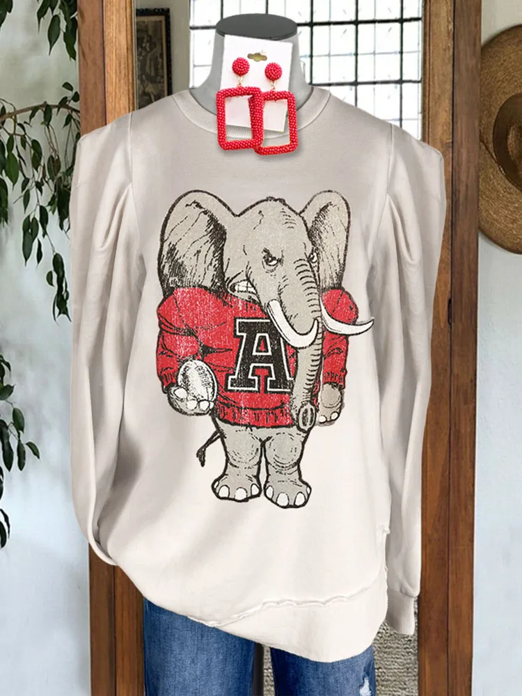 

Elegant Contrast Color Elephant Print Sweatshirt Women's Puff Sleeve Sweatshirts Crewneck Loose Pullover Fashion Sweaters Tops