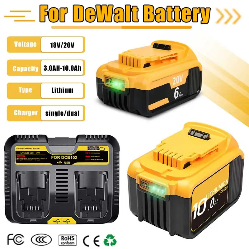 

10000MAH For Dewalt DCB200 20V 6.0ah/9.0ah/10.0ah Replacement Battery Compatible with For Dewalt 18V/20V Tools Battery+charger