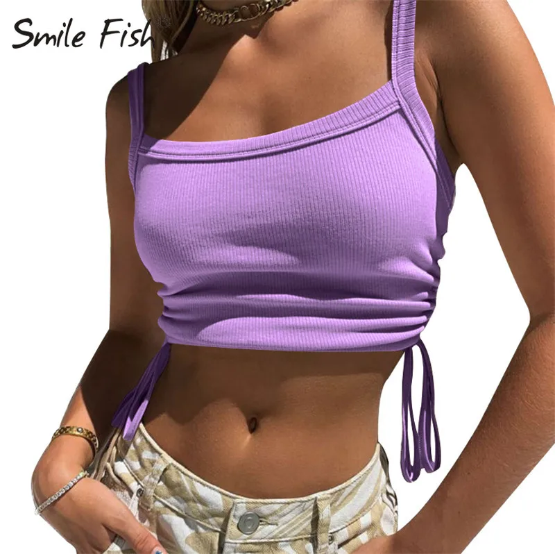 

Summer Women Vest Fashion Crop Tops Bandage Tank Tops Sleeveless Solid Female Sexy Off Shoulder Knitted Ribbed Lace Up G2550