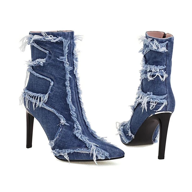 European pop street lady denim summer ankle boots for women sexy lady pointed toe zipper riding boots high heels women pumps