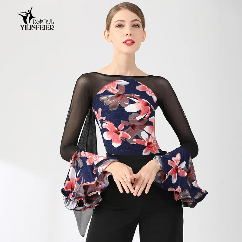 

1pcs/lot Floral Pattern Leotard Women Ballroom Dance Waltz Latin Tango Tops print flare sleeve top