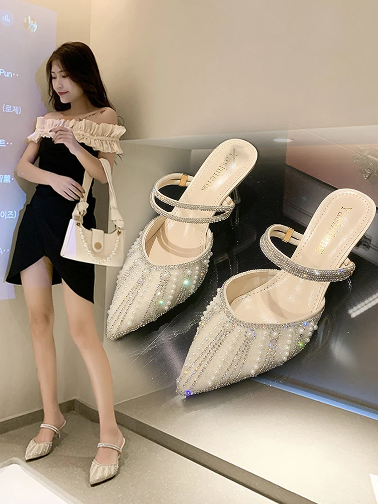 

Med Cover Toe Female Shoes Slippers Casual Thin Heels Heeled Mules Glitter Slides 2022 Pointed Luxury Summer High Jelly PU Cryst