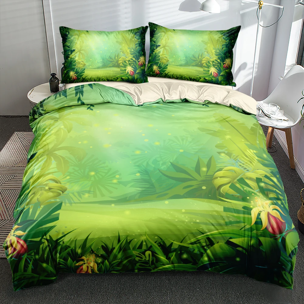 

High Quality Green Comforter Cover Set Cartoon Bed Linen Bedclothes Pillowcases Close-Skin Bed Set Single Full Queen King Sizes