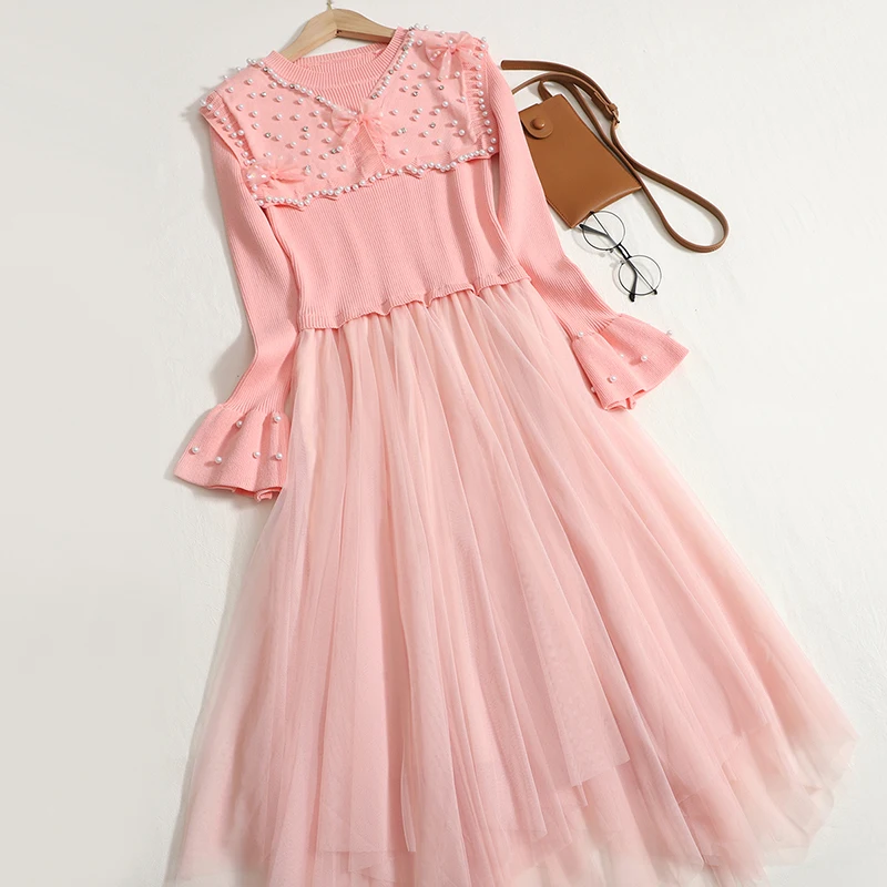 

WDMSNA 2022 Autumn New Long Sleeve Vestidos Bow Beaded Knitted Stitching Mesh Dress for Women High Waist Irregular Pleated Robe