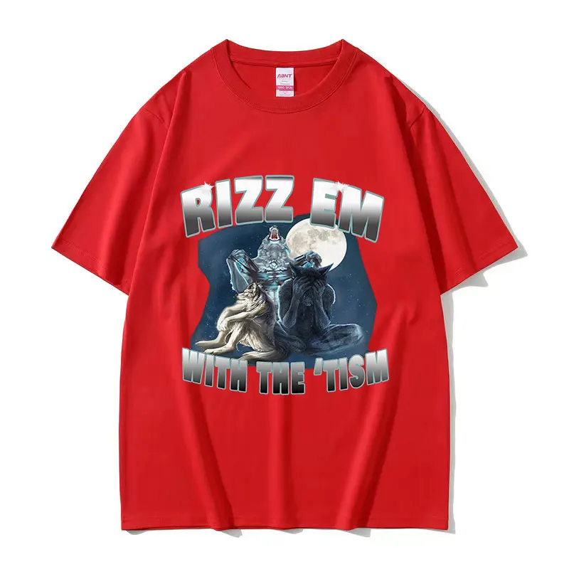 Rizz Em with The Tism Wolf Забавная футболка с мемом Мужская мода О-образным вырезом