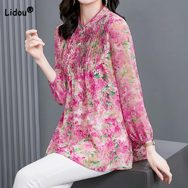 

Элегантная модная шифоновая блузка с длинным рукавом и цветочным принтом женская одежда Весенняя Корейская универсальная рубашка со складками и воротником-стойкой