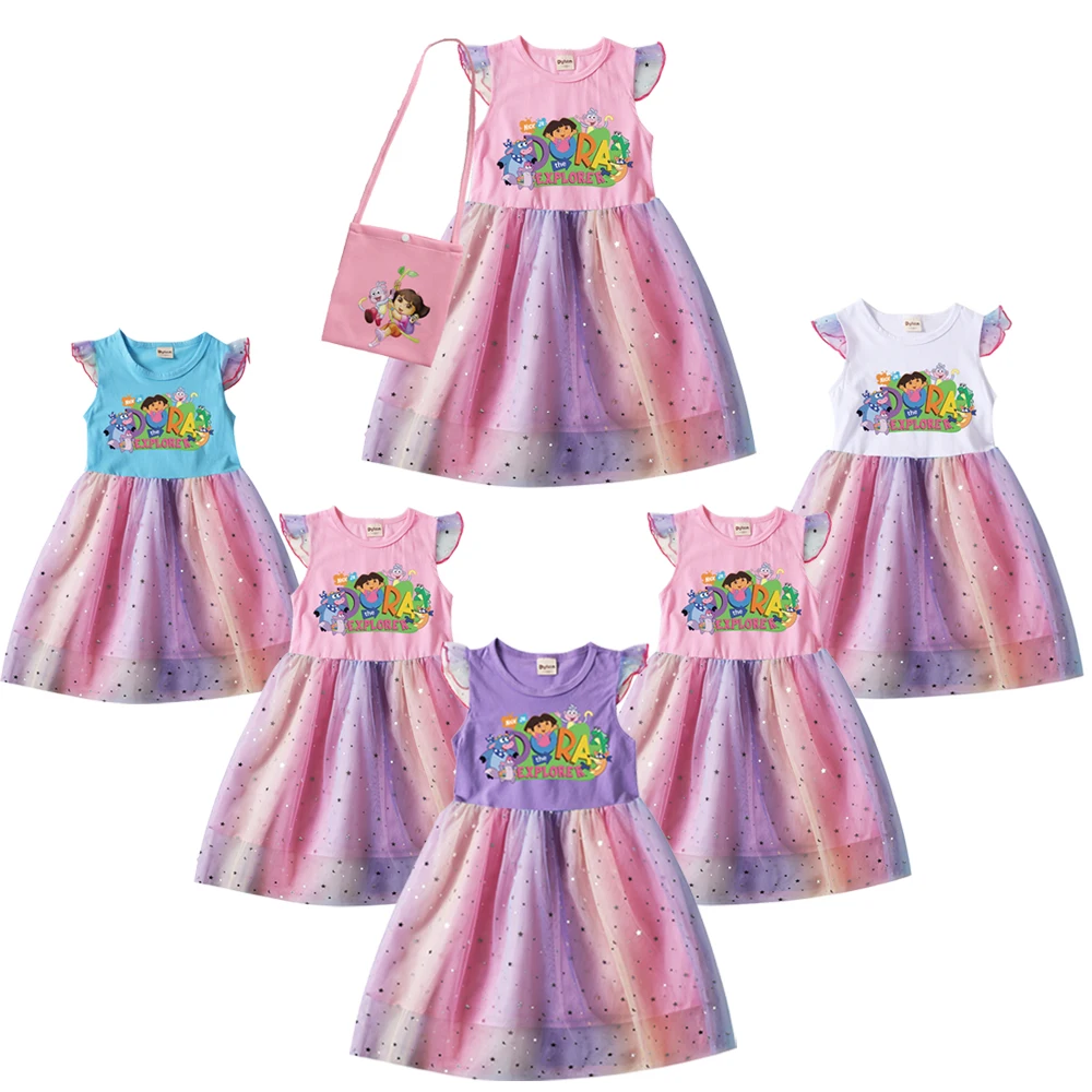 

Dora Clothes Baby Girls Sleeveless Dresses with Small Bag Kids Cartoon Dora The Explorer Wedding Party Princess Vestidos