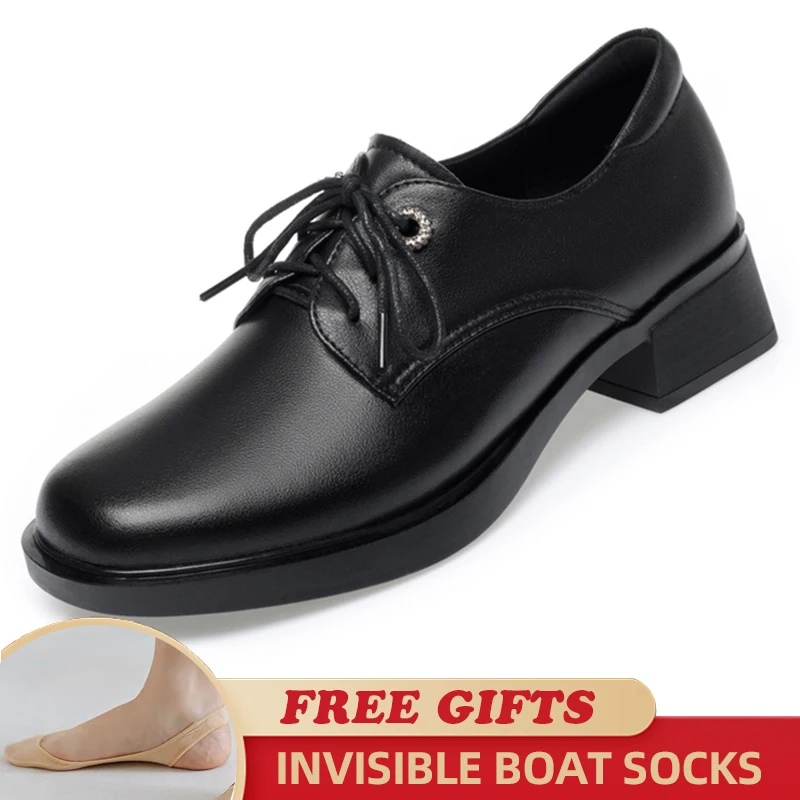 

Lace-up Women's Fashion Shoes Lace Up 2023 Spring New Genuine Leather Women's Shoes Chunky Big Size Shoes for Ladies