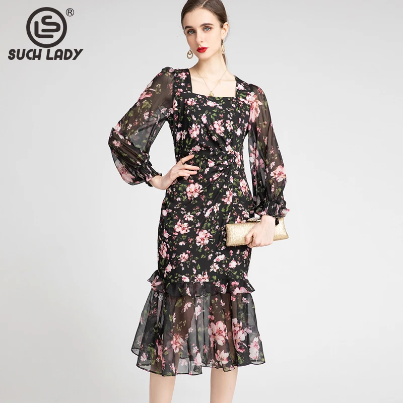 

Women's Runway Dress Square Neckline Long Sleeves Ruffles Floral Printed Fashion Pencil Dress in two Colors