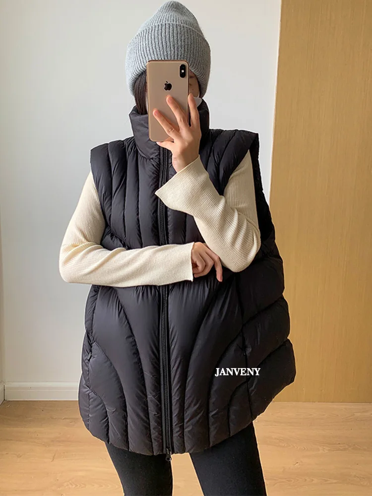 

Janveny2022 New Winter Oversized Fluffy Puffer Hooded Vest Women Thicker Warm Gilet Duck Down Lightweight Short Causal Waistcoat