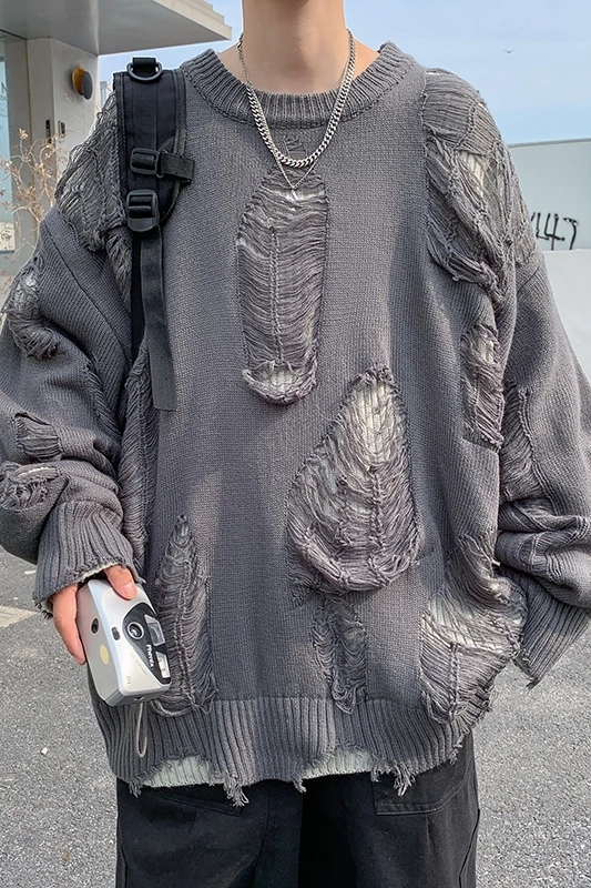Knitted Sweater Men Fake Two Pieces Pullovers Winter Knitwear Hole Knitting All-match Design Simple Daily Leisure Clothes A99