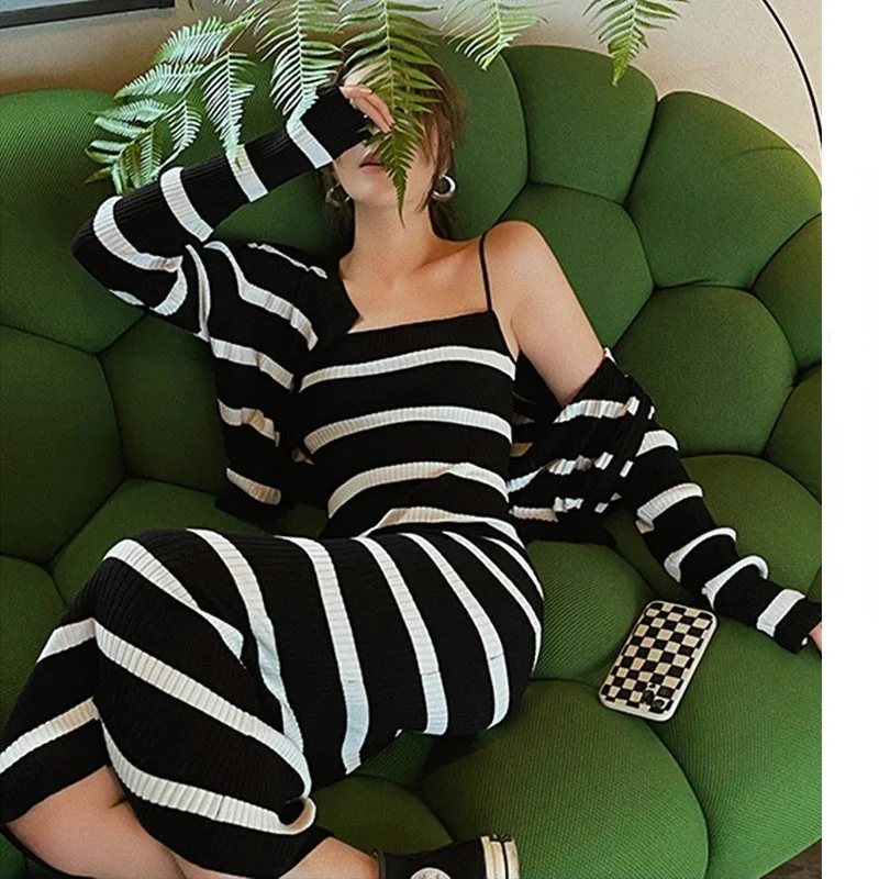 

Two-piece Dress Cardigan Two-piece Suit 2022 Spring And Autumn Striped Cardigan Straight Sling Dress Fashion Two-piece Suit