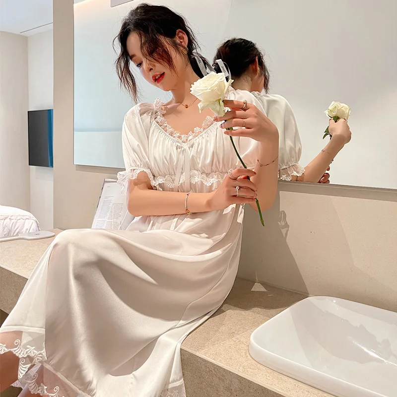Summer Nightgowns Sleepshirts Pajamas Ice Silk Short Sleeve Vintage V-neck Nightdress Women's Sleep Lace Silk Sexy Home Wear