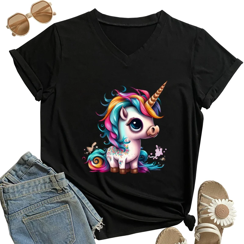 

Unicorn Print V-neck T Shirt Harajuku Hip Hop Streetwear Women Casaul Fashion Tee Shirt Y2k Grunge Tops Vintage Camiseta Mujer