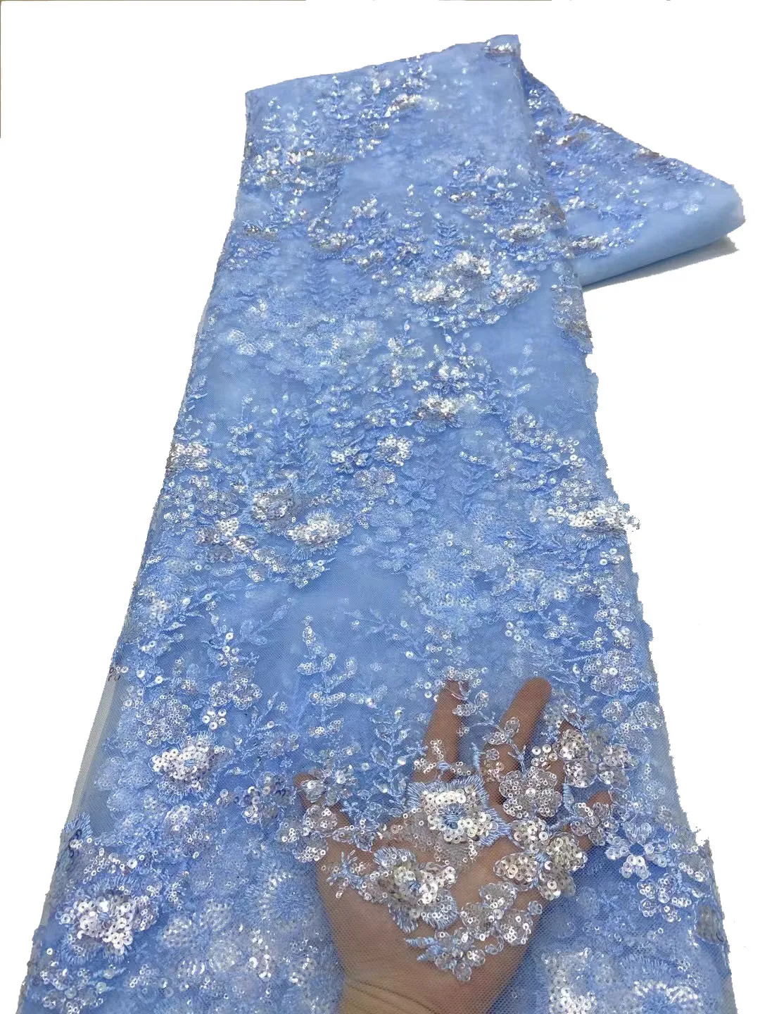 Новинка 2024 роскошная кружевная ткань небесно-голубого цвета с вышивкой ручной