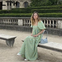 ltph vintage plaid green dress women square collar puff sleeves hollow out backless elegant long dresses 2022 summer new