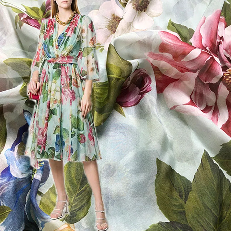 

Fashion Camellia Peony Flower Printed Natural Silk Chiffon Fabric For Women Dress Blouse Stoffa Tuch Ткань En Tissu DIY Cloth