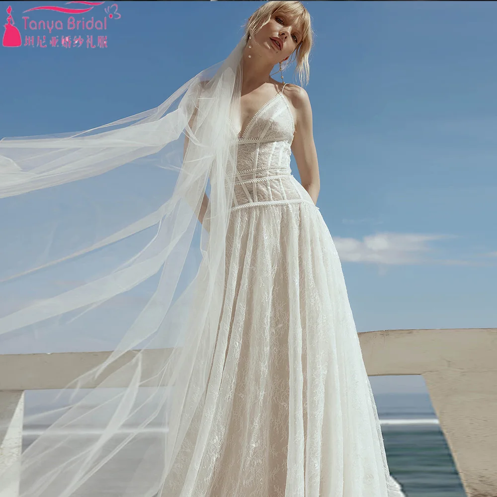 

Трапециевидные мягкие кружевные свадебные платья с V-образным вырезом, уникальные женские Элегантные Спагетти, Noivas ZW891