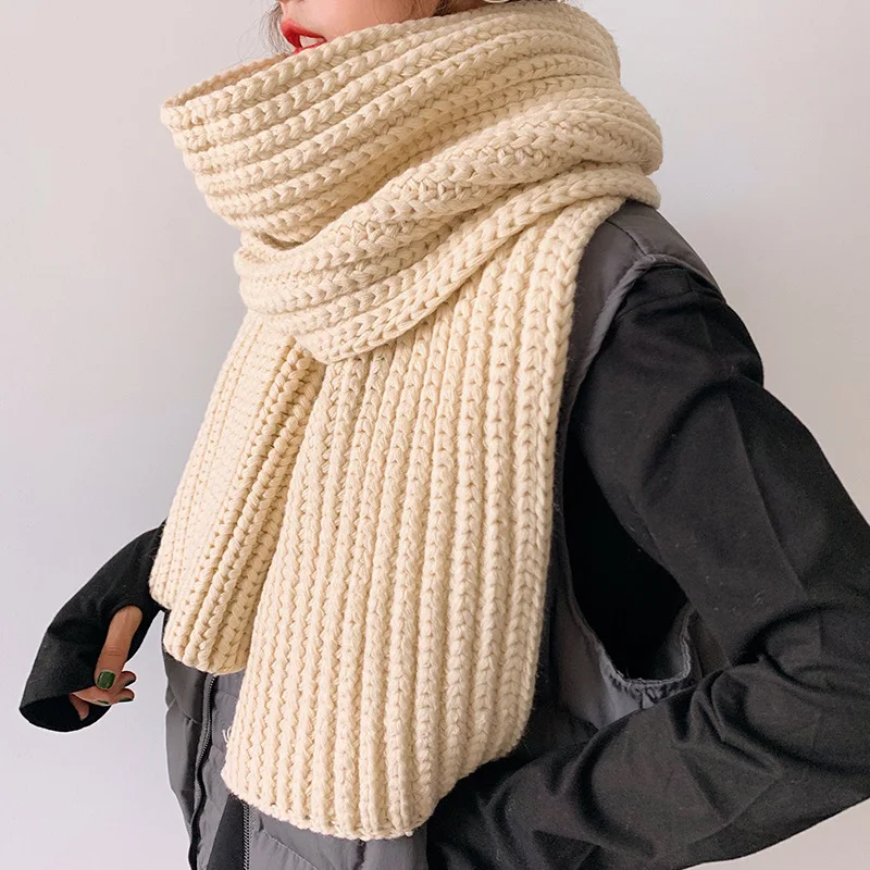 Женский шарф осень-зима корейский стиль Универсальный студенческий Зимний вязаный шерстяной однотонный плотный теплый шарф для молодых де...