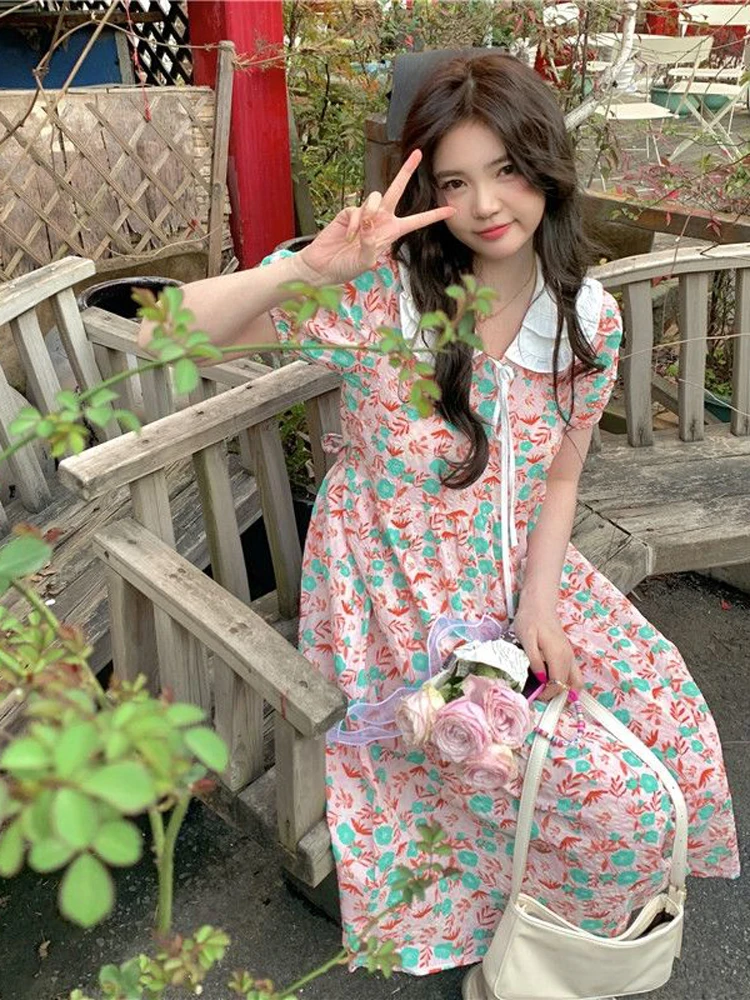 

2022 летнее модное Повседневное платье, новое корейское летнее милое платье с цветочным принтом в студенческом стиле