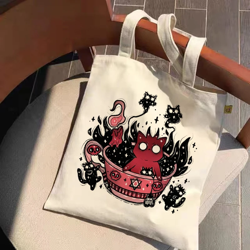 Reusable Shopping Bag Fashion Women Canvas Tote Bags Satan Cat Demon Printing Bag Cartoon Bolsa De Compras Shopper Shoulder Bags
