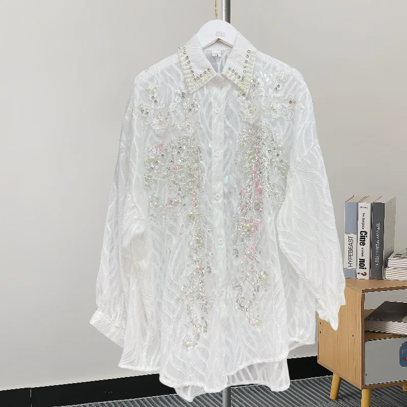 Новые блузки на пуговицах с бисером и блестками женские рубашки средней длины