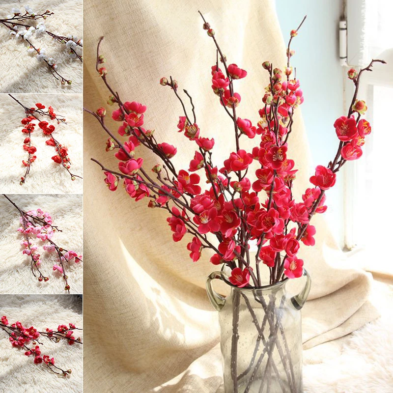 

Plum Cherry Blossoms Artificial Silk Flowers Flores Sakura Tree Branches Home Table Living Room Decor DIY Wedding Decoration