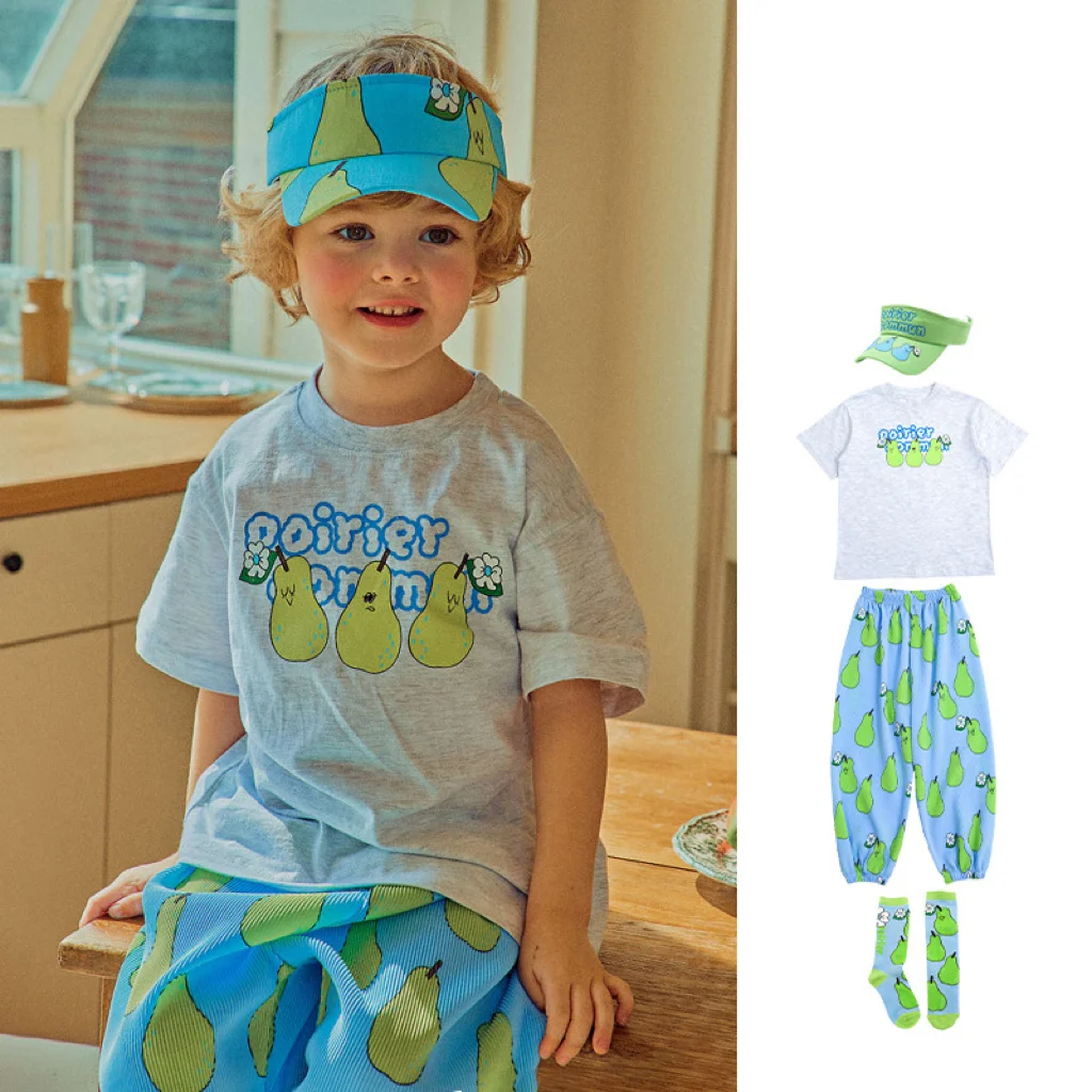 

Kids Summer Sets Korean 2023 New Brand Cartoon Printed T-shirts Pants Cute Socks Boys Green Hat for Summer Clothing