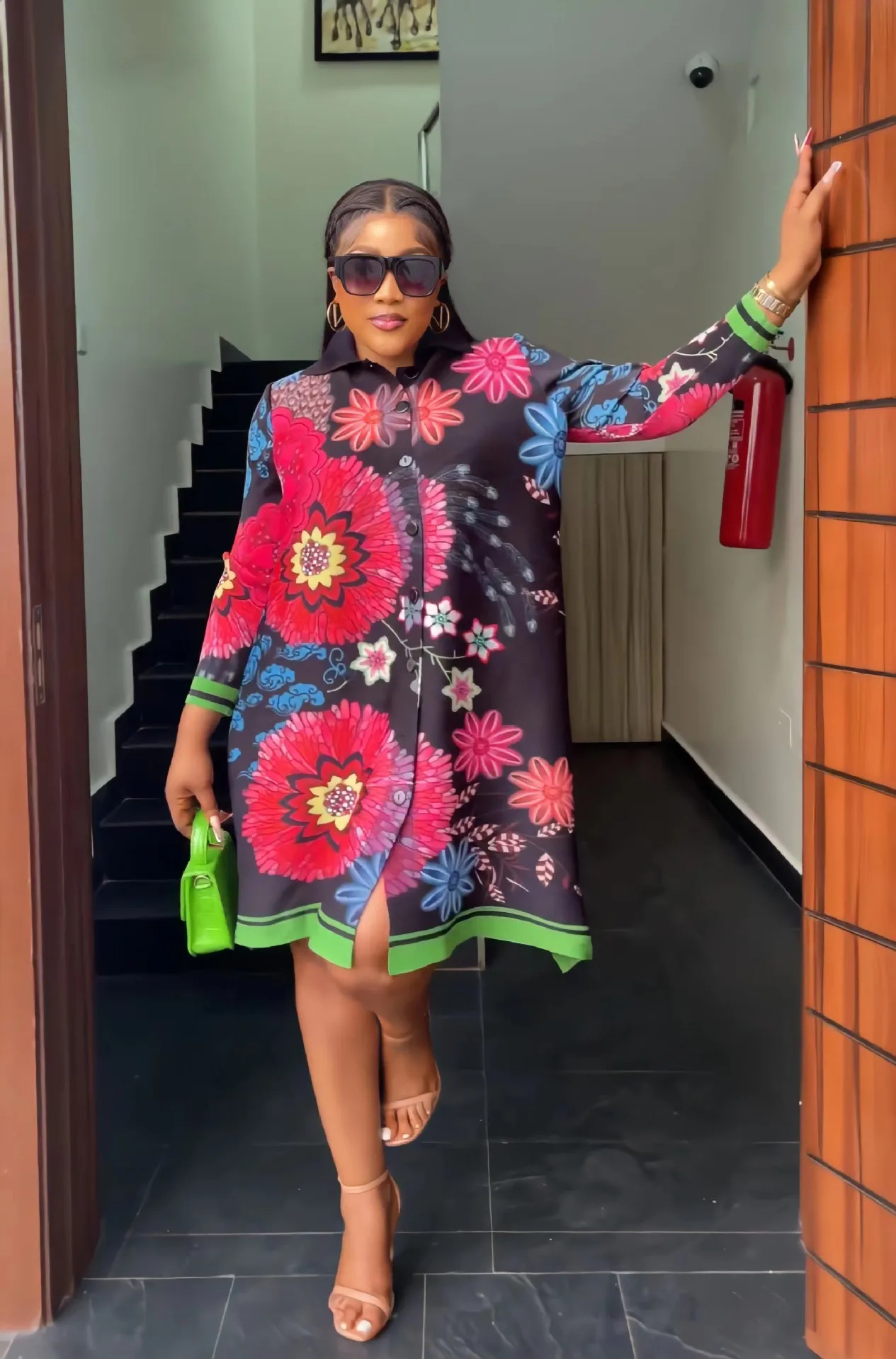 

2023 African Dresses for Women Summer Fashion African 3/4 Sleeve Polyester Printing Mini Dress Pleated Dress African Clothes