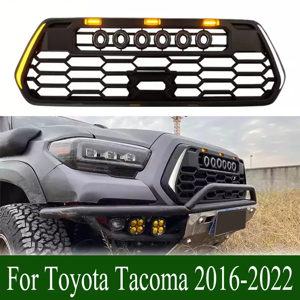 

Accessories Pickup Front Bumper Grille Hood Racing Grill Amber Lights With 5 Letters Car Grilles ABS For Toyota Tacoma 2016-2022