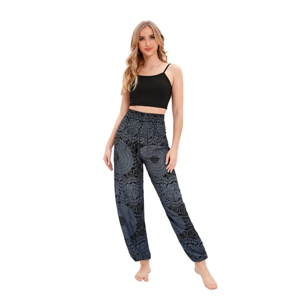 Women's Bohemian Printing Rayon Beach Pants Summer New Elastic High Waist Women Sports Long Trousers Boho Hip Hop Streetwear