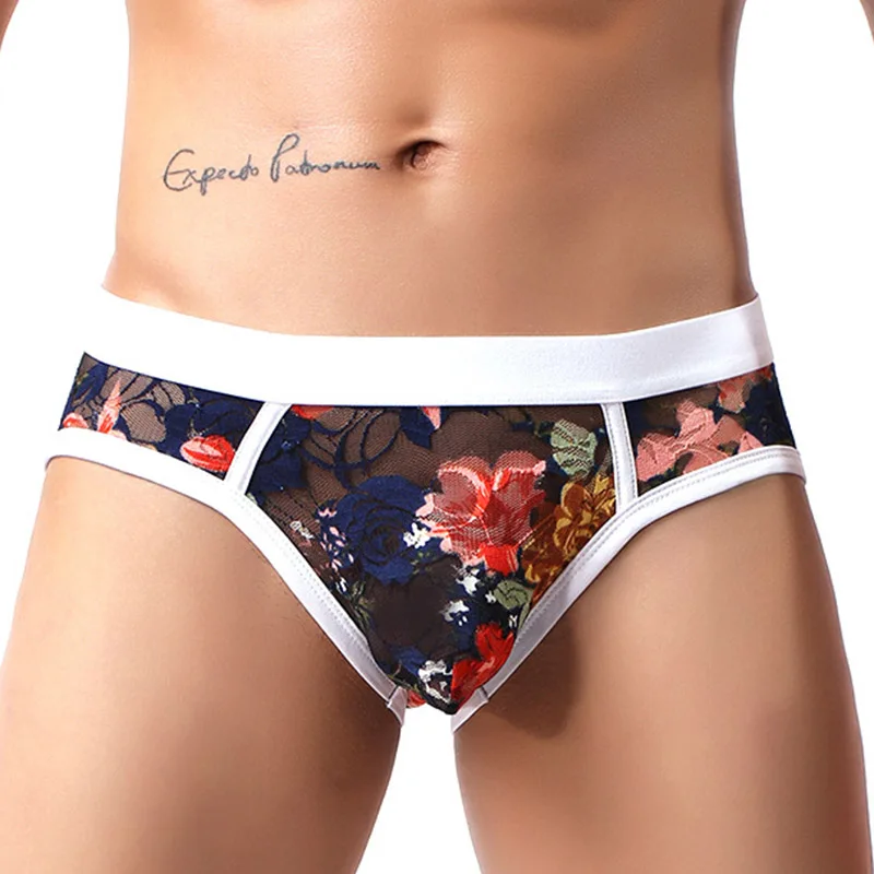 

Men's Underpants Sexy Floral Printed Briefs Lace See Through Thin Breathable Underwear Tanga Slip Low Waist Soft Panties