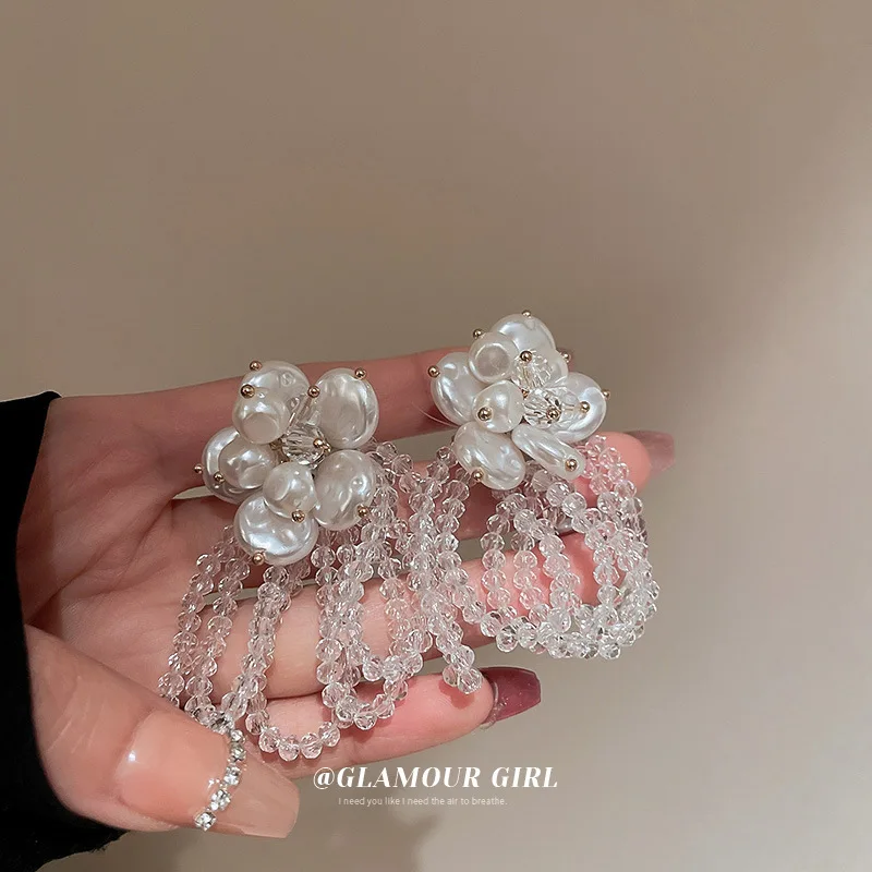 

Minar Exquisite Shiny Rhinestones Crystal Flower Earring Simulated Pearl Floral Hanging Drop Earrings for Women Party Jewelry