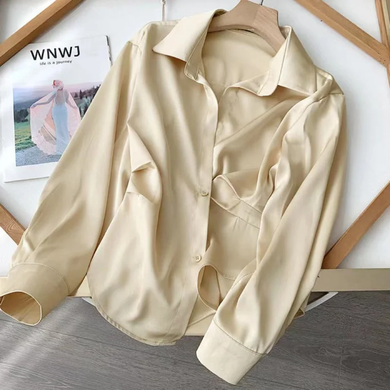 

BH Korean women's acetate satin blouse long sleeve polo collar irregular design