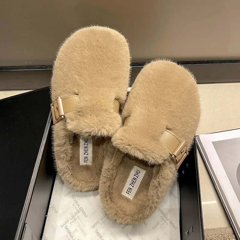 

Fur Flats Mules Fluffy Women Home Cotton Slippers Winter 2024 Designer Casual Home Shoes New Slingback Flip Flops Mujer Zapatos