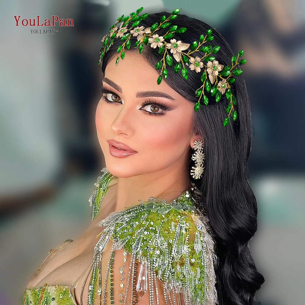 Фото YouLaPan свадебная повязка на голову с разноцветными стразами, повязка для волос из сплава в виде листьев, повязка для волос для банкета, вечеринки, головной убор ручной работы HP880 №4