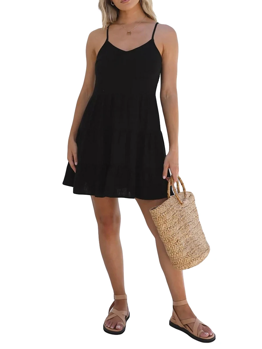 

Женское базовое мини-платье на бретелях-спагетти, однотонное платье без рукавов с V-образным вырезом, ТРАПЕЦИЕВИДНОЕ мини-платье, Повседневная Уличная пляжная одежда на лето