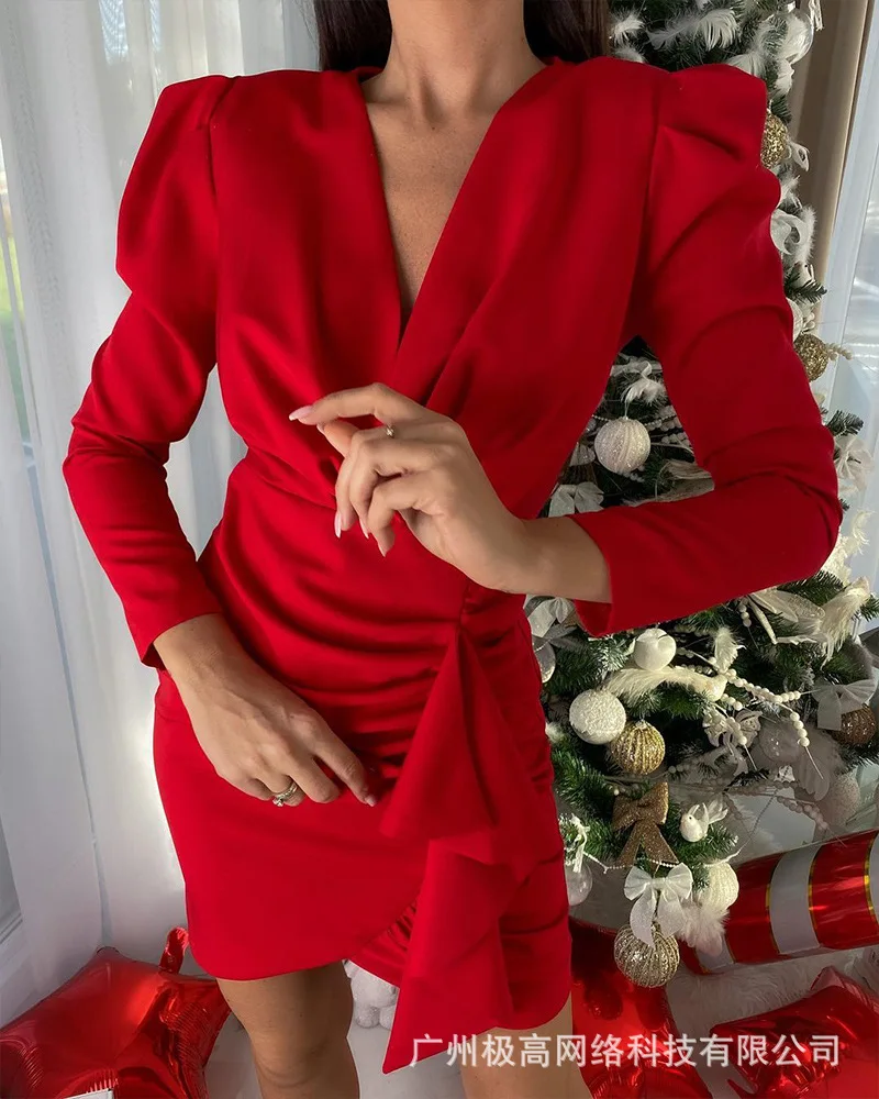 

Женское мини-платье с длинным рукавом, вечернее облегающее платье с пышными рукавами и оборками на подоле, повседневное сексуальное модное ...