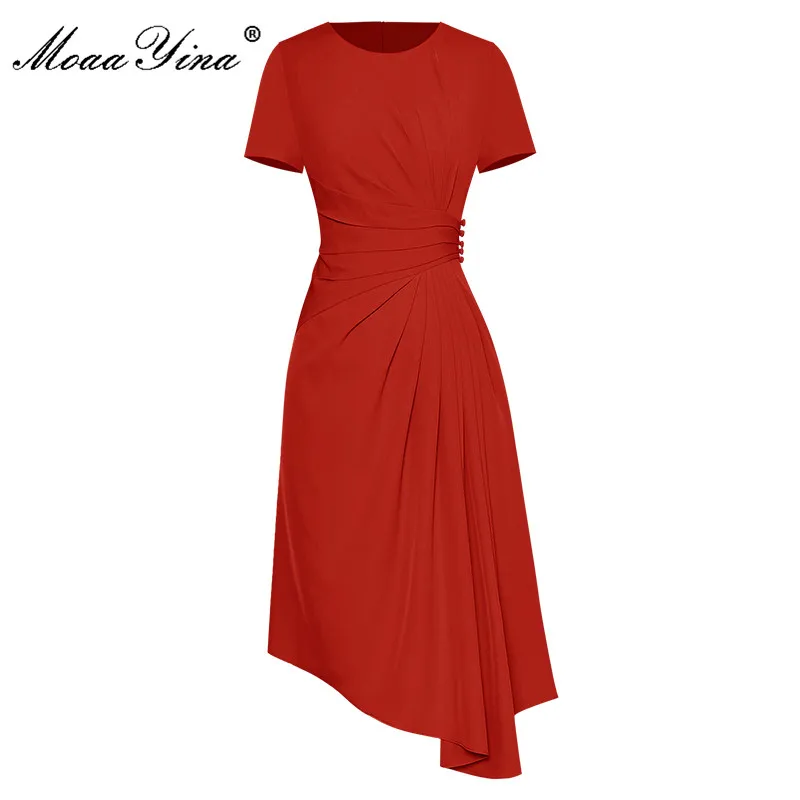 

MoaaYina Fashion Designer dress Summer Women's Dress O neck Short sleeves Draped Slim Asymmetrical Red Casual Dresses